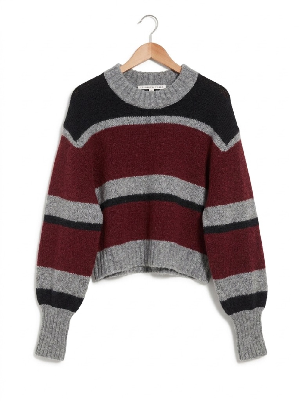 Veronica Beard Burgundy, Gray & Black Striped Crewneck Sweater XL